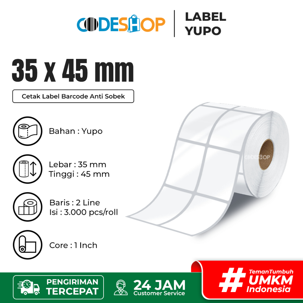 

Codeshop Stiker Label Barcode 35 x 45mm Yupo 2 line isi 3000 pcs