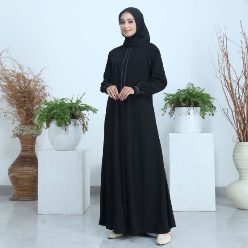 Gamis ootd umroh haji warna hitam polos model Cardi nyatu ORI by Hagia Sofia Maxi dress wanita musli