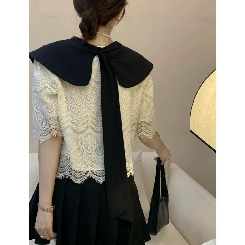 2224 Pakaian atasan autfit kostum baju blus blouse kemeja lengan pendek Lace brokat brukat bahan imp