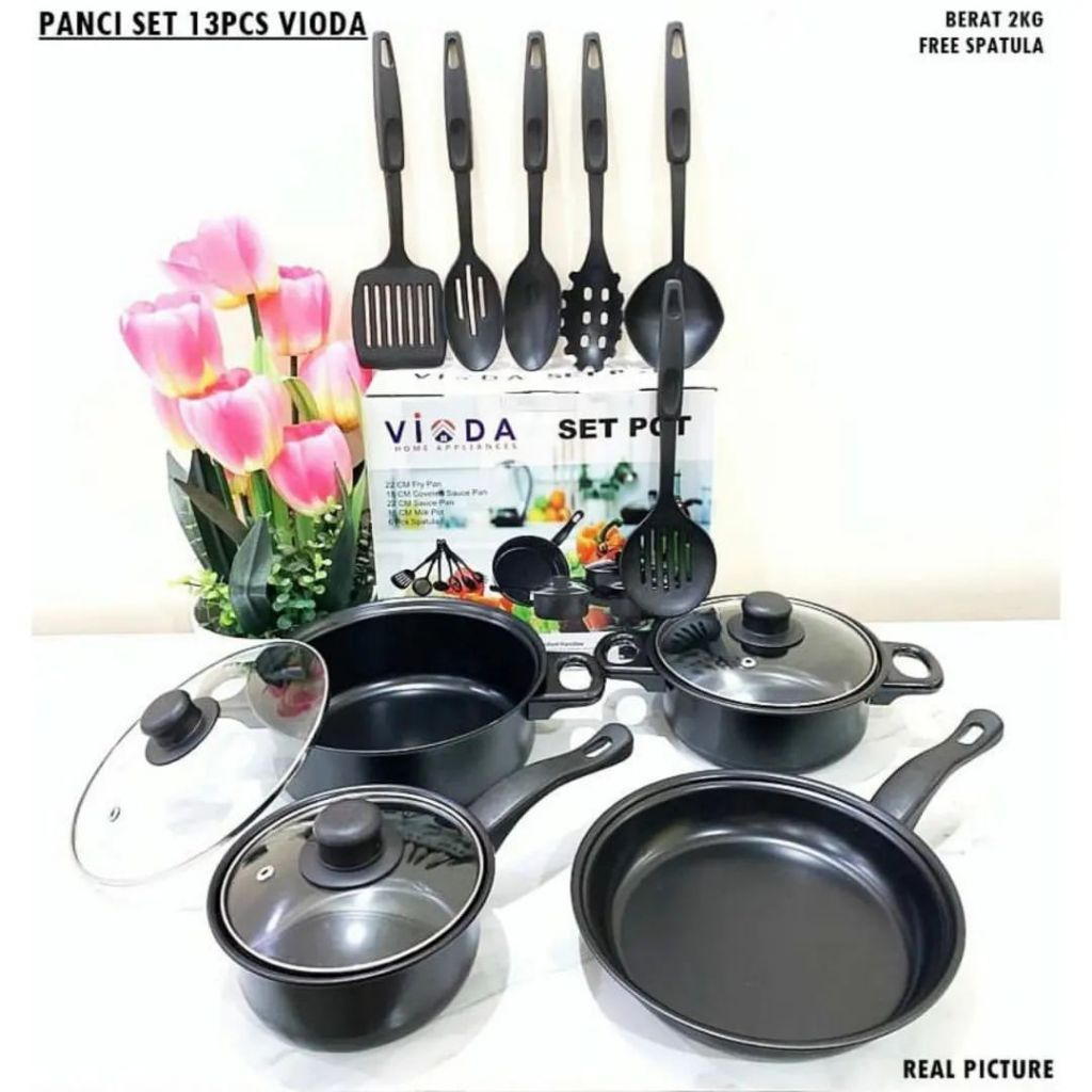 [COD] Panci Set Teflon Marble 13 Pcs | Cookware Set Tutup Kaca Free Spatula 6 Pcs Hitam Vioda