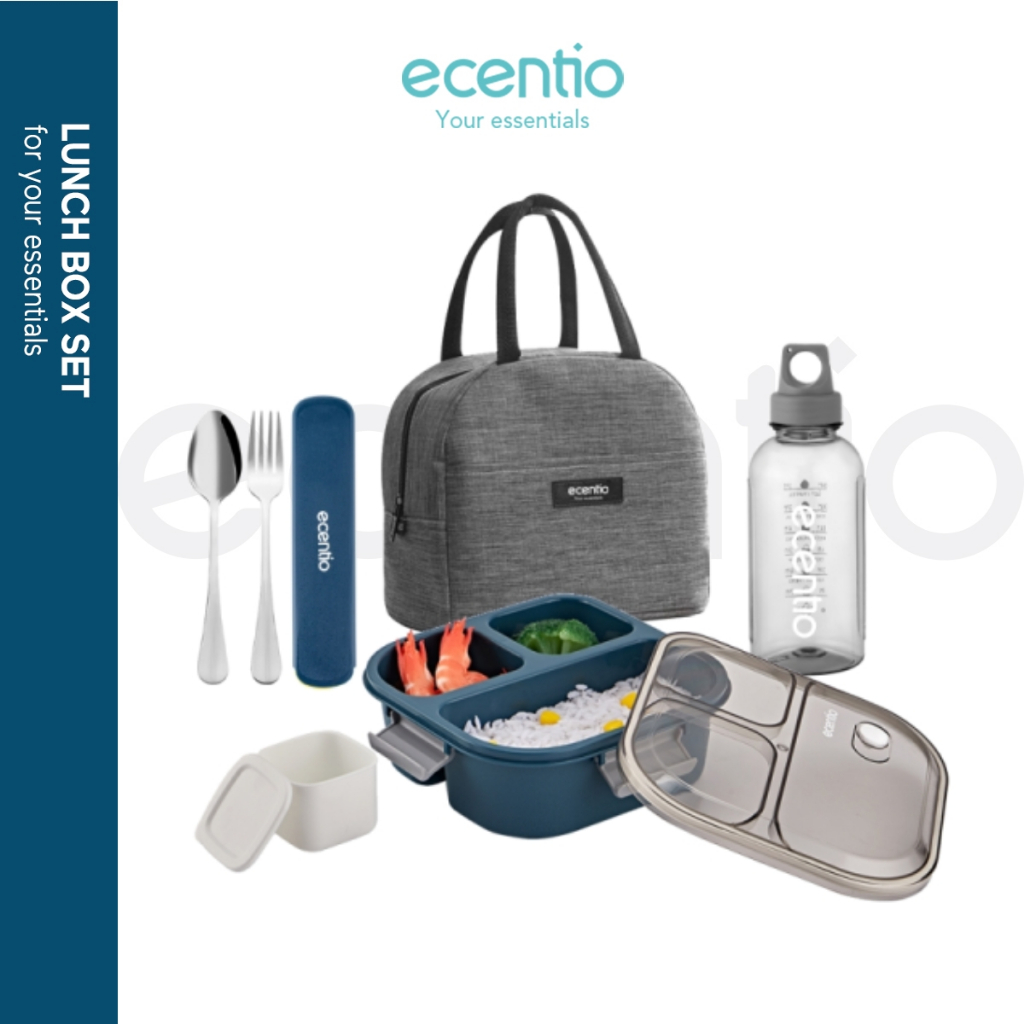 	 ecentio 3 sekat 1100ml lunch box botol minum set dan tas anti tumpah free sendok	