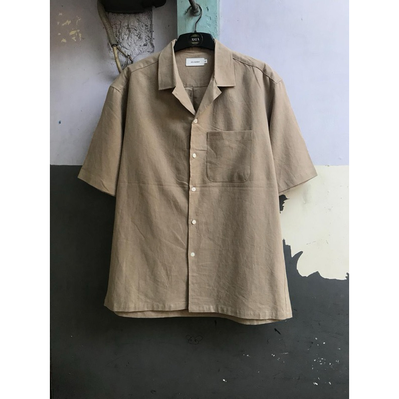 kemeja lengan pendek pria ecru.standard opencollar linen preloved