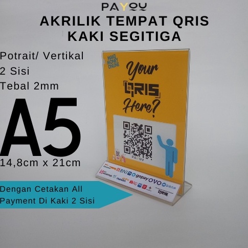 KODE Q87L Akrilik Tempat QRIS Barcode A5 2mm kaki segitiga dengan cetakan logo all payment