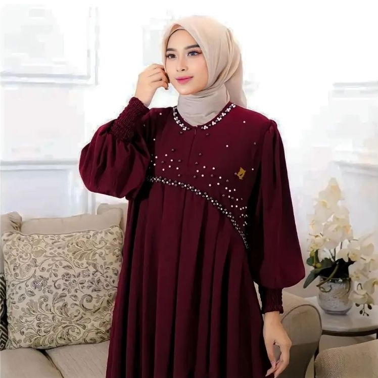 Bursa Dress / Dress Polos Wanita Syari Crinkle Airflow / Gamis Crinkle Airflow Mix Payet Army Maroon