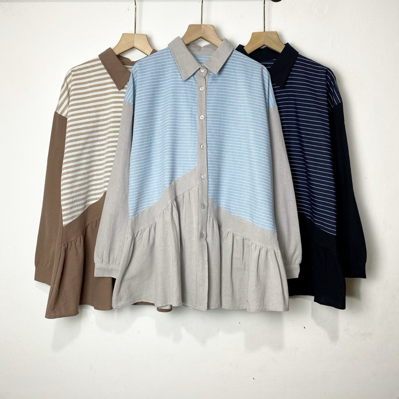 Laura Blouse Kombinasi Kemeja Rempel Salur Linen Oversize