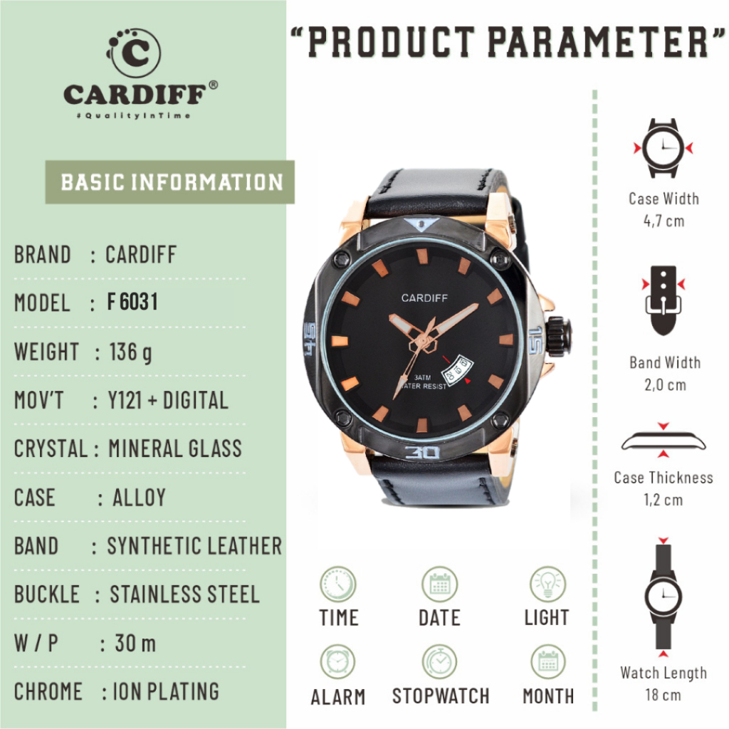 WTT CARDIFF Jam tangan pria analog kulit F 6031 Leather waterproof