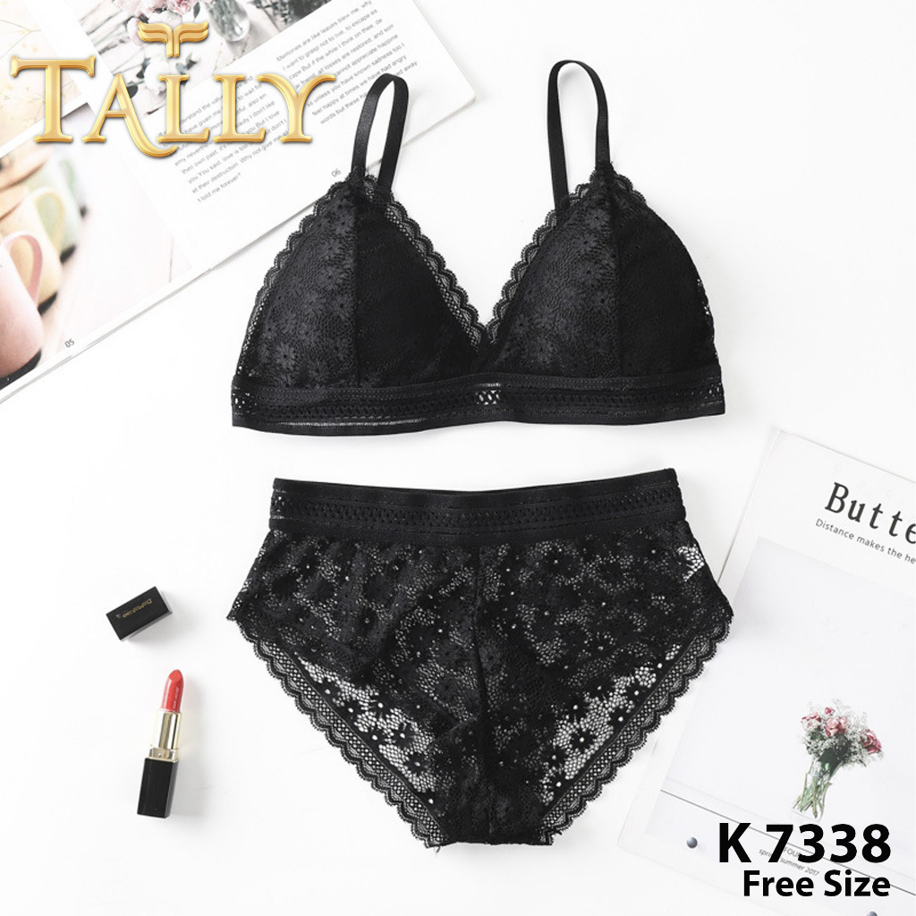 TALLY 7338 Bra Set (BH+CD) Busa Tipis Tanpa Kawat Bahan Brokat CUP A - B Sexy Bra BH Set Transparan