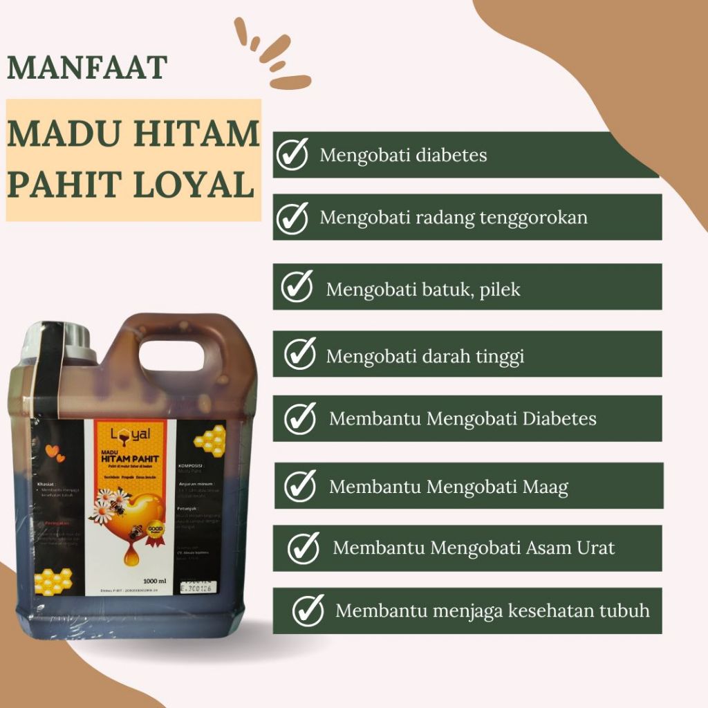 

Madu Hitam Pahit Loyal 1kg - Madu Hitam Pahit Premium plus Sambiloto - Propolis - Daun Insulin