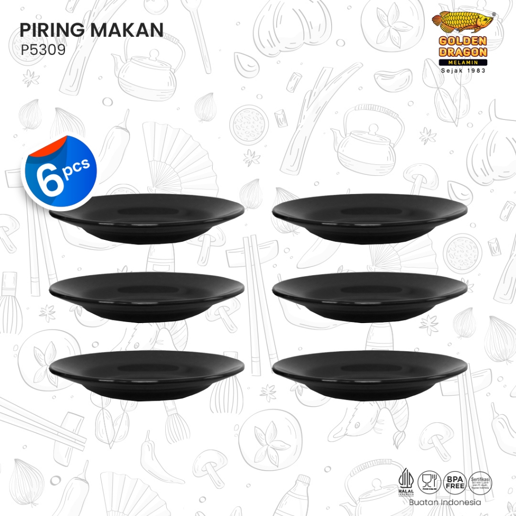 Arwana Houseware Piring Makan 9 inci Hitam P5309 - Golden Dragon Melamine Horeka