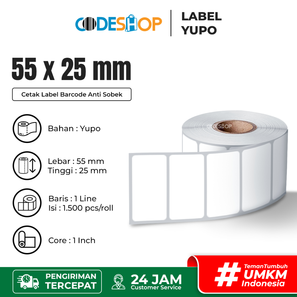 

Codeshop Label Yupo 55x25 mm 1 Line 1 inch Core isi 1500 Pcs