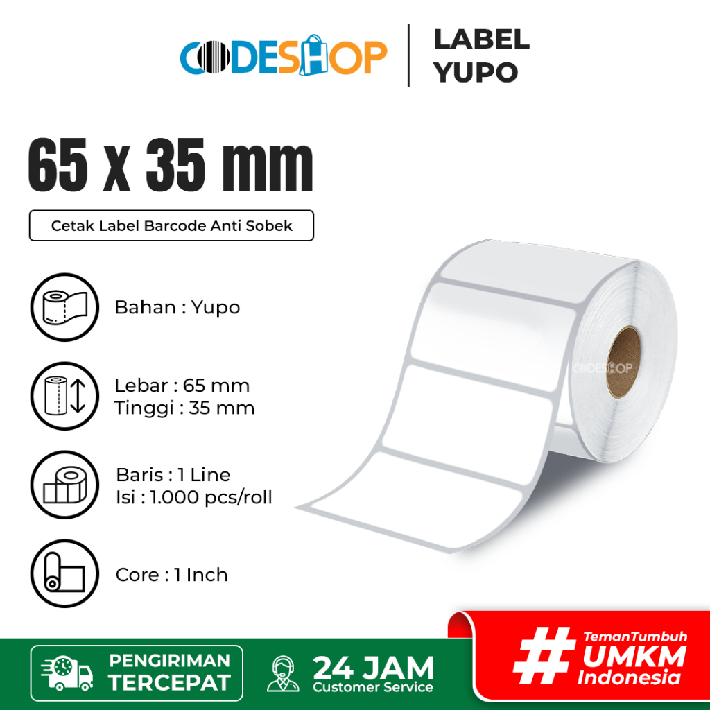 

Codeshop Stiker Label Barcode 65 x 35mm Yupo 1 line isi 1000 pcs