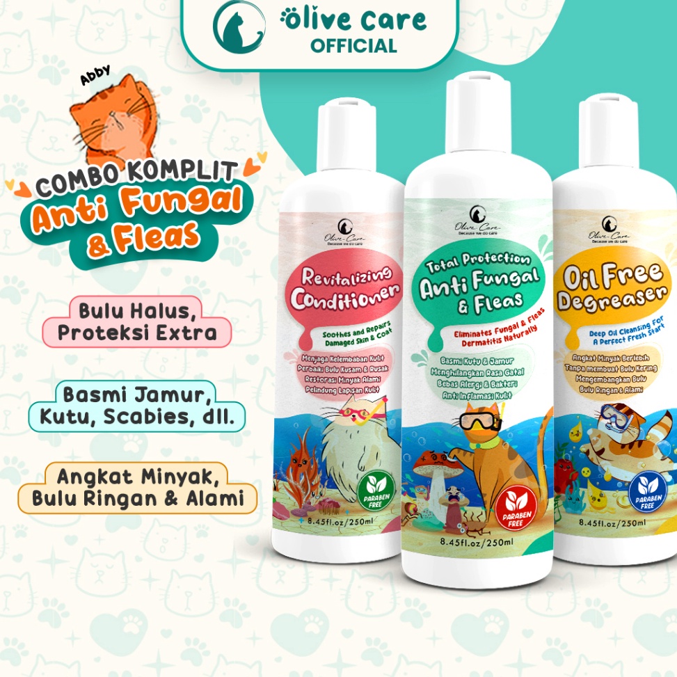 KODE A36K Olive Care Combo Paket Shampo Kucing KOMPLIT ANTI FUNGALS  FLEAS untuk Basmi Jamur  Kutu S