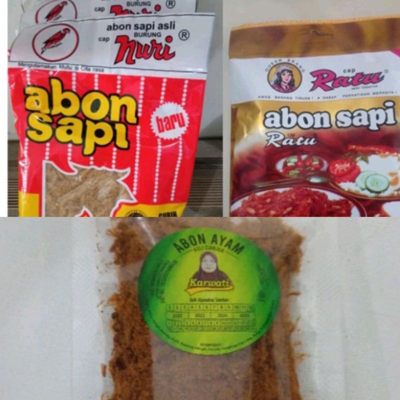 

Abon Sapi Pilihan 90 gr | Merk Nuri atau Ratu | Abon Ayam Karwati 50 g