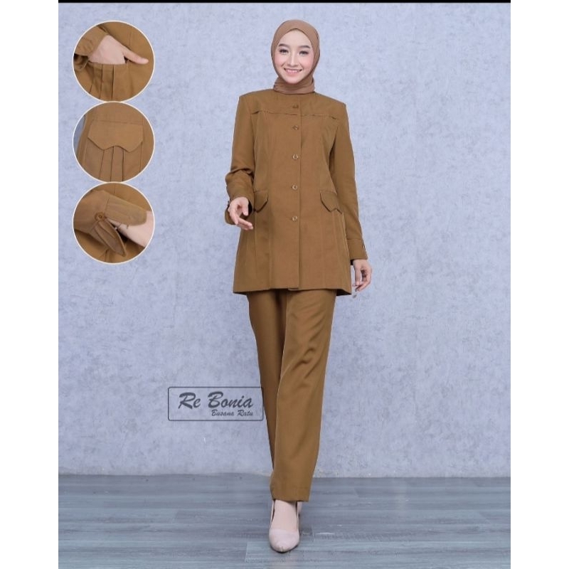 New blezer re bonia/set celana khaki tua/baju Pemda guru