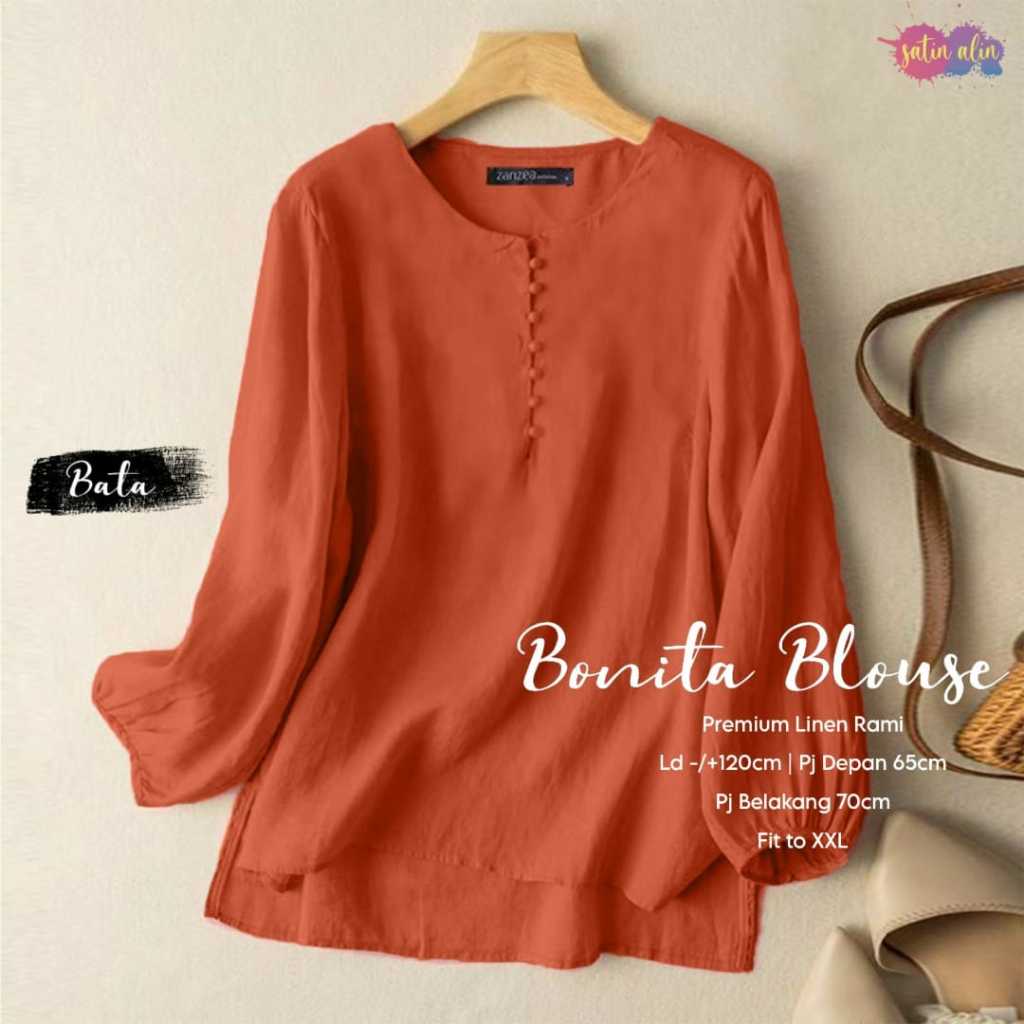 Bonita Blouse linen rami premium. Blus wanita lengan panjang jumbo