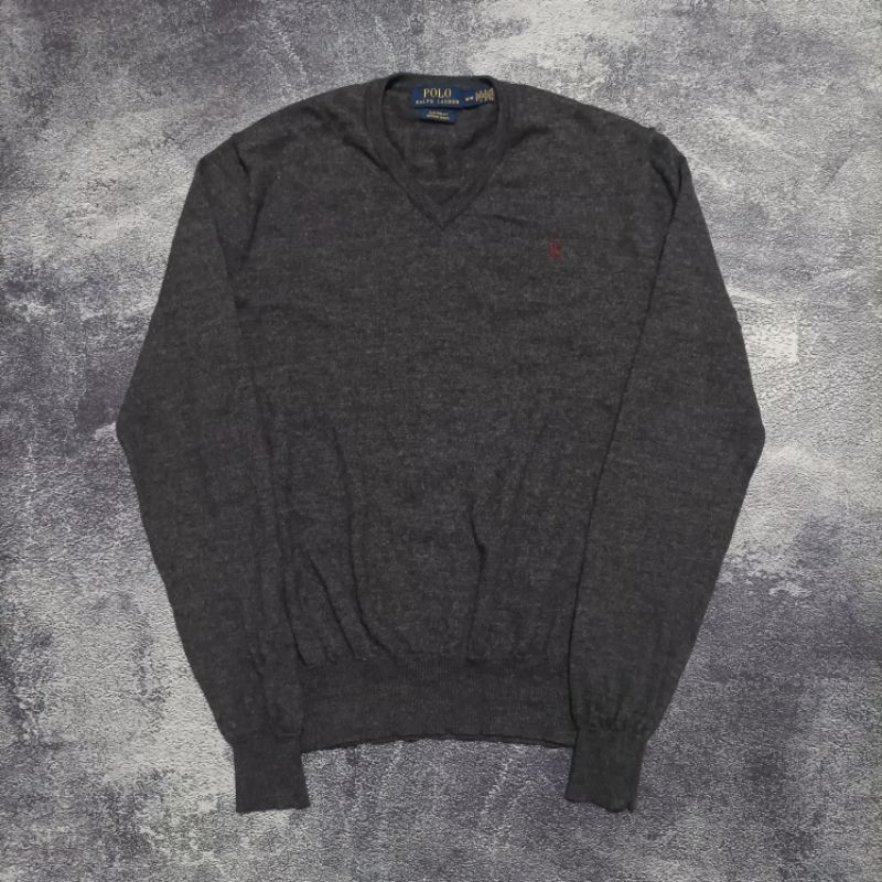 Polo Ralph Lauren Mens Sweater Medium Gray V Neck Custom Fit Merino Wool