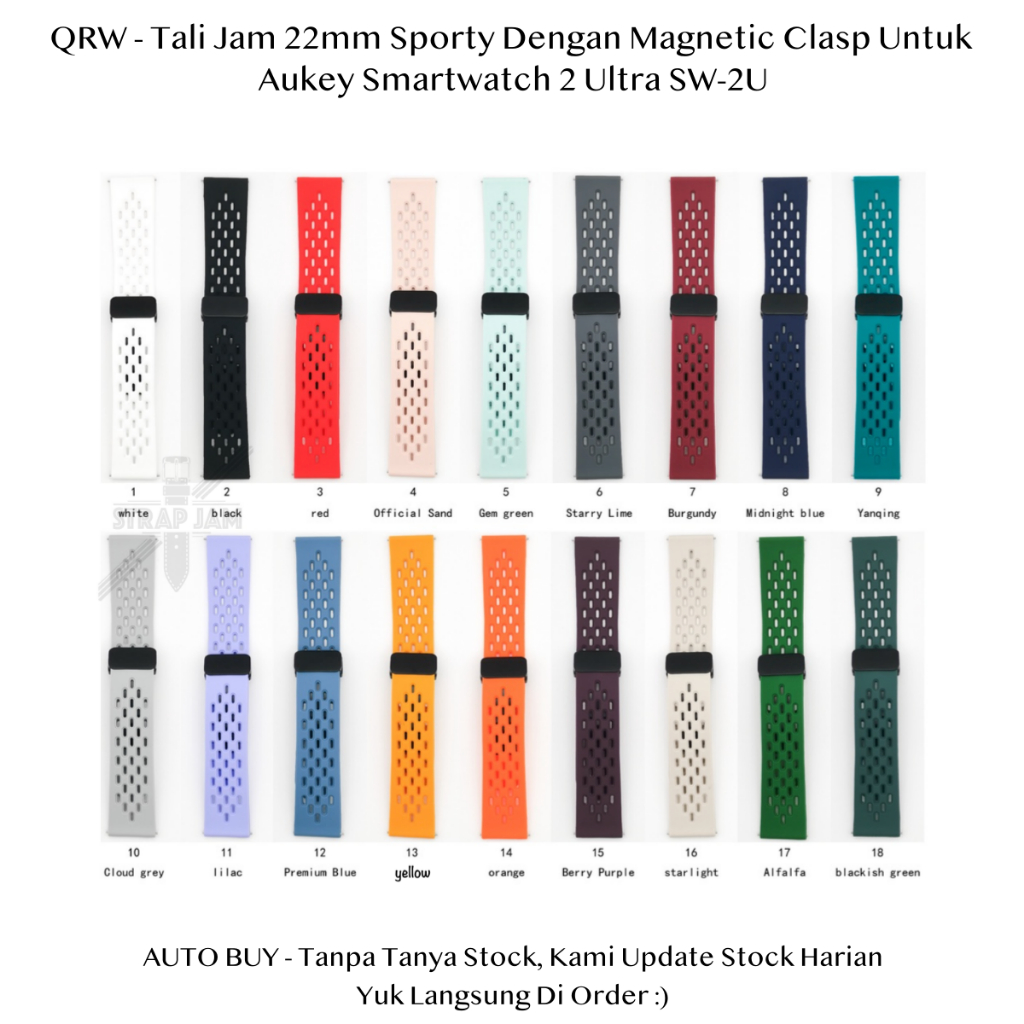 QRW 22mm Tali Jam Tangan Aukey Smartwatch 2 Ultra SW-2U - Strap Rubber Metal Clasp Magnetic