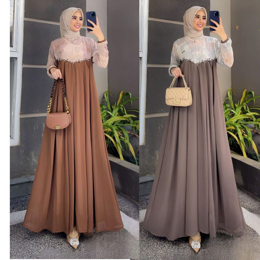 Gamis Terbaru Kifara Dress BO Bahan Crinkle Mix Ceruty Motif Simple Elegant Warna Mocca Cream Yellow