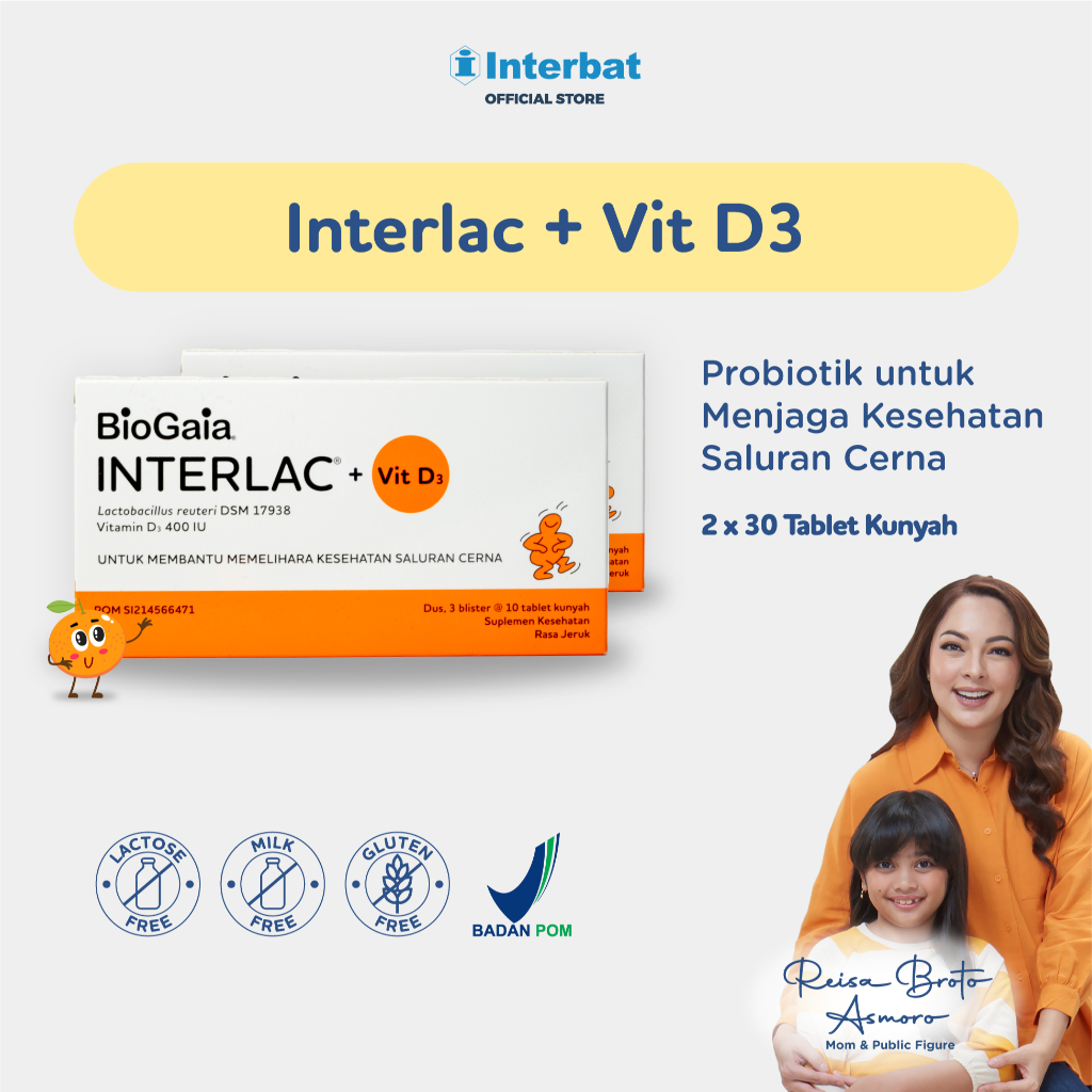 Interlac Probiotik + Vit D3 400 IU Double Bundle - Menjaga Kesehatan Saluran Cerna dan Daya Tahan Tu