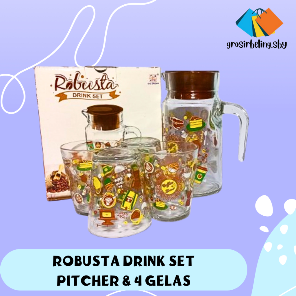 Teko Set Kaca Beling Motif / Pitcher Set / Drink Set Isi 5pcs