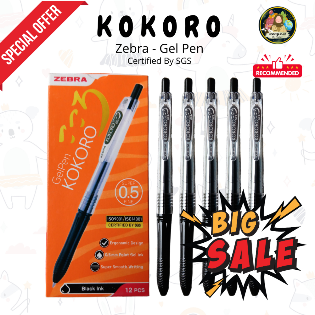 KOKORO Pulpen Gel Tinta Hitam 0,5 mm [ 1 Pack isi 12 ] [ 1 Pack isi 6 ]