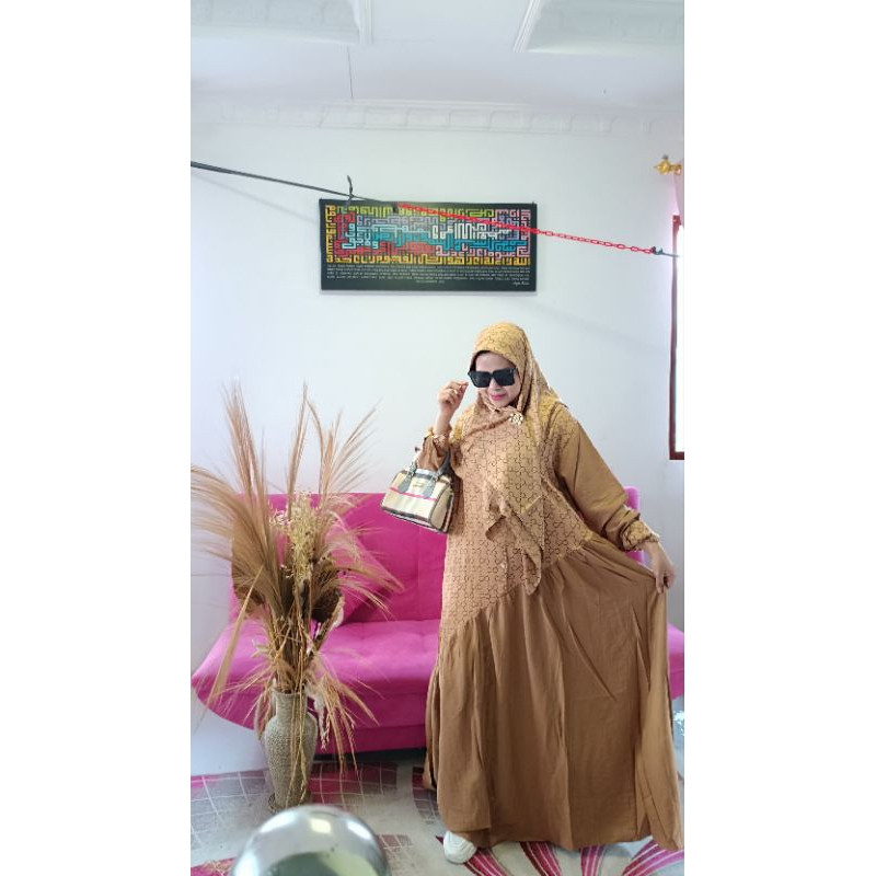 gamis one set kerudung/bahan linen rayon all size