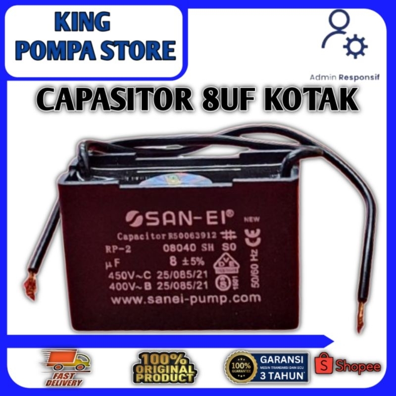 CAPASITOR KOTAK 8UF KHUSUS POMPA AIR SUMUR DANGKAL SEPERTI PANASONIC SANYO DAN NASIONAL, CAPASITOR 8