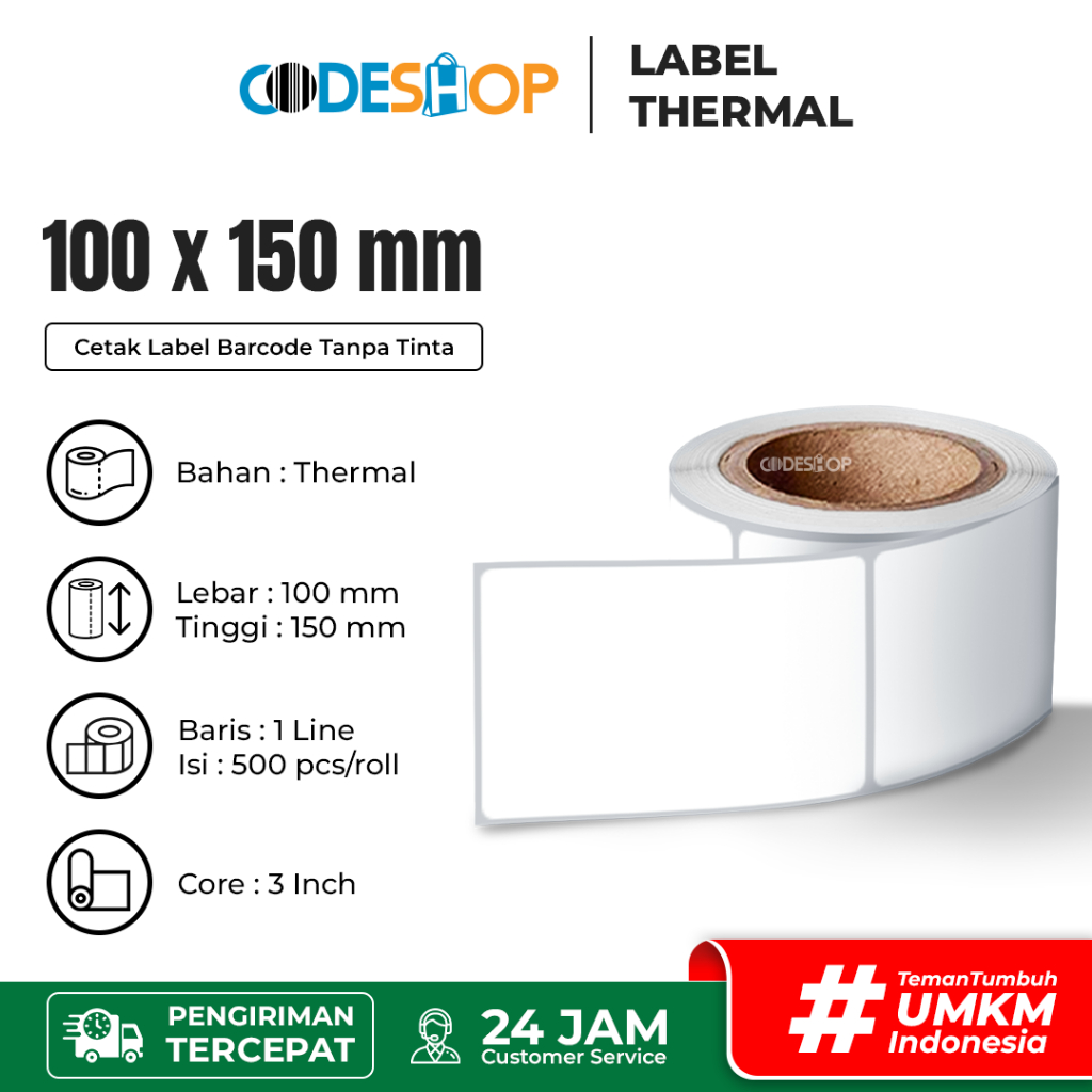

Codeshop Label Thermal 100x150 mm 1 Line 3 inchCore isi 500Pcs Stiker