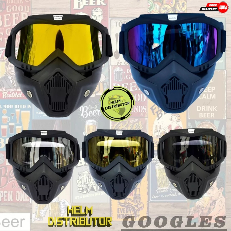 Goggles Kacamata + Masker Full Face Helem Google Mask Helm Gun Ski Motor Cross Topeng Kaca Mata Trai