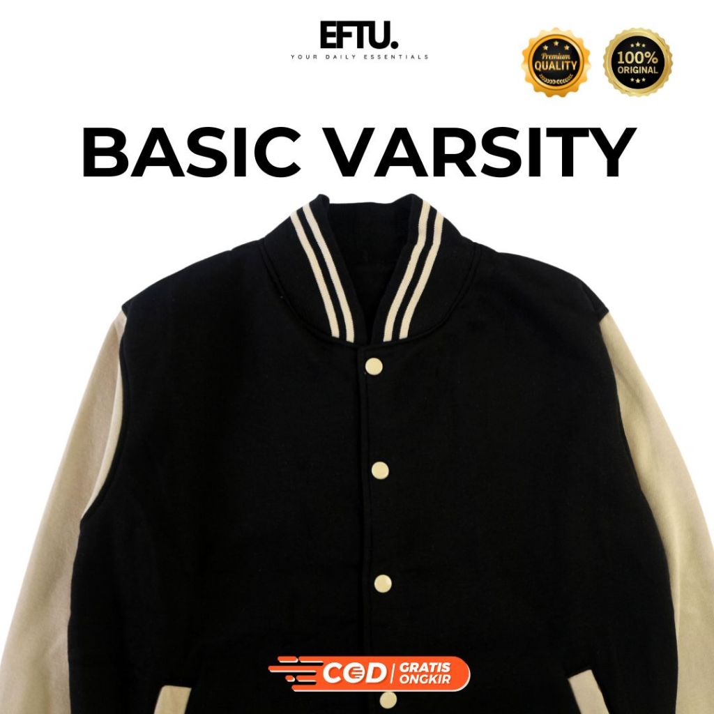 JACKET VARSITY BASIC BASEBALL PRIA WANITA UNISEX - HITAM CREAM