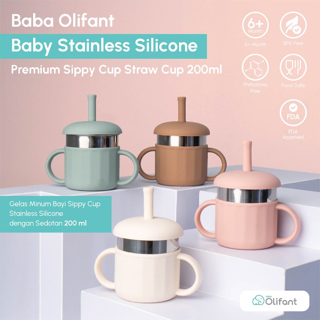 Cangkir Cup Stainless MPASI Bayi 200 ml | Premium Stainless Silicone Baby Sippy Cups Baba Olifant