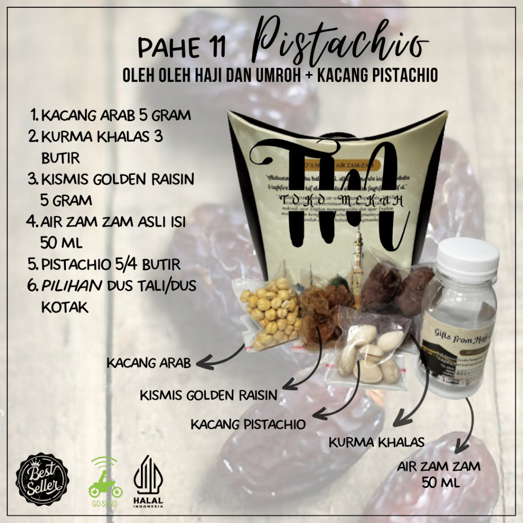 

Paket Oleh-oleh Haji dan Umroh/ Air Zam Zam/ Kurma/ Kismis/ Kacang Arab/ Kacang Pistacio/ Dus Jinjing