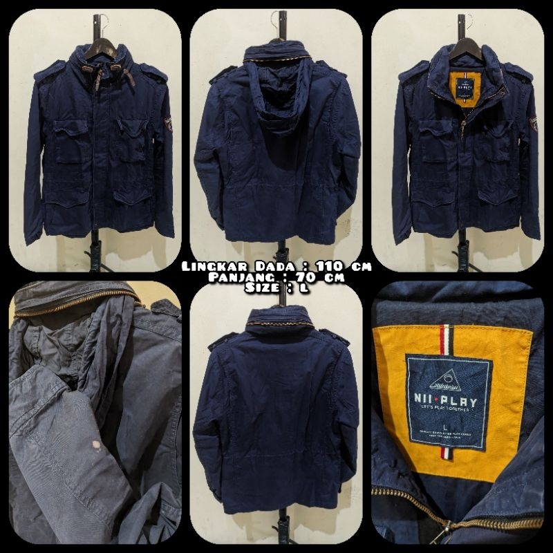Jaket Parka Army M65 Merk NII Play Warna Navy Second Original.
