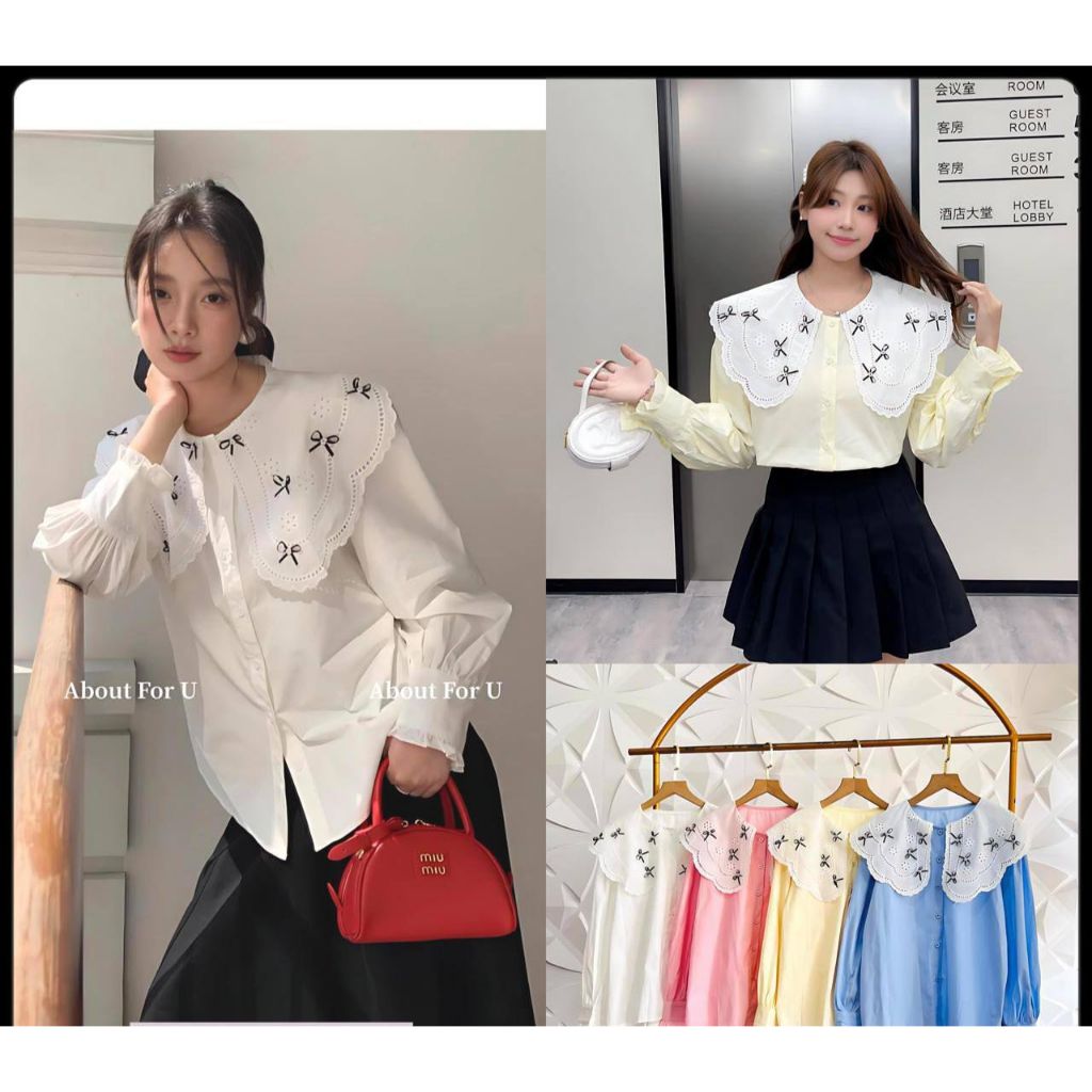BLOUSE KEMEJA KATUN POLOS VARIASI KERAH RENDA KOREA BESAR VARIASI ACC PITA 3D MIX PEARL MANIK PREMIU