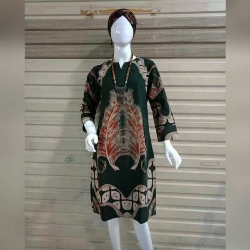 TUNIK BATIK Hijau botol resleting belakang  katun
