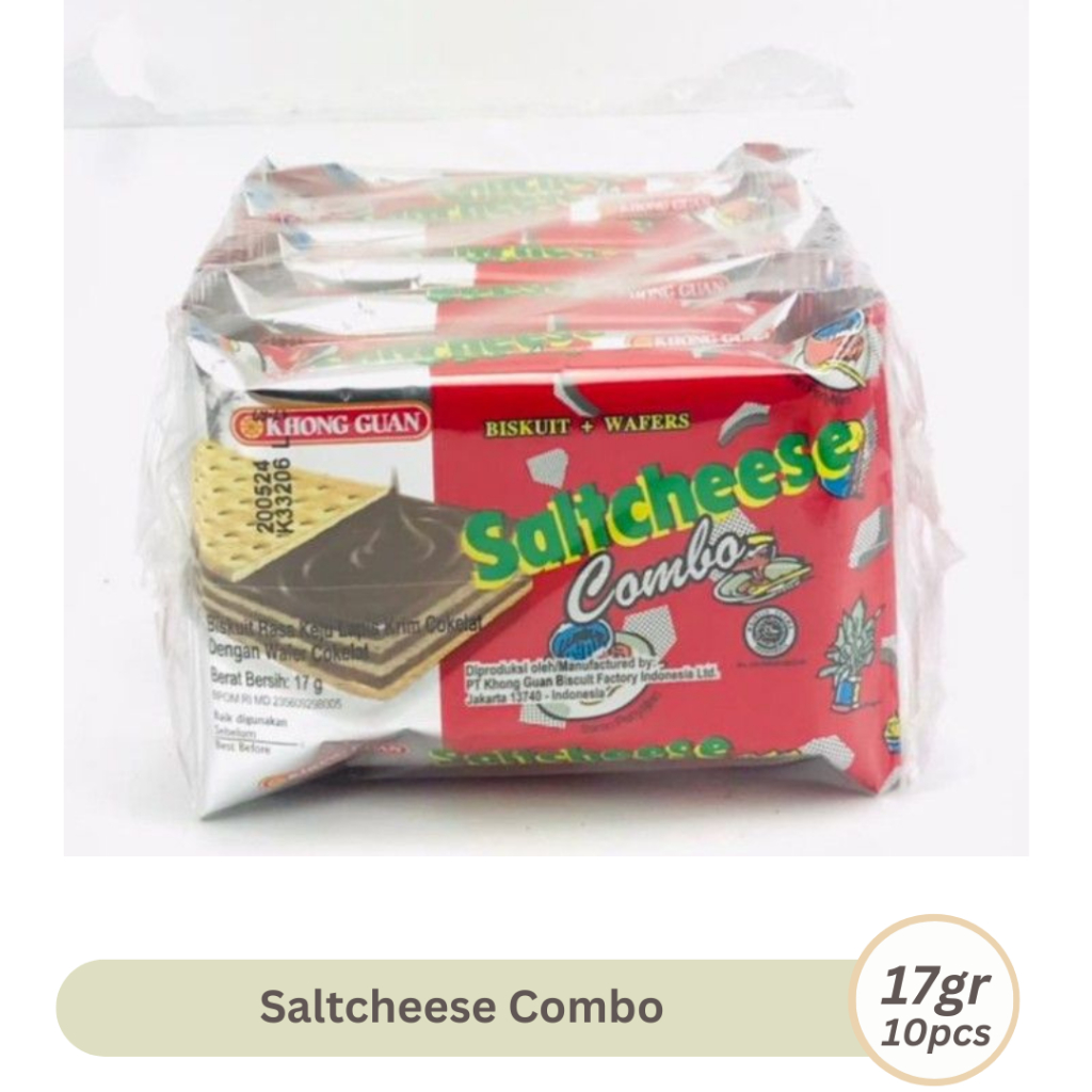 

Khong Guan Saltcheese Combo 17gr x 10pcs/pack Biskuit+Wafer Biskuit Rasa Keju Lapis Krim Coklat dengan Wafer Cokelat