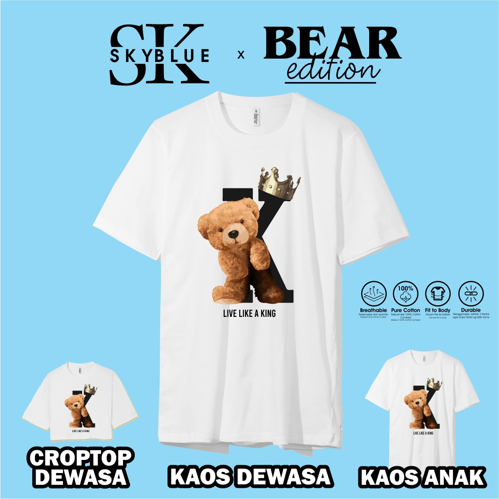 OFFICIAL SKYBLUE kaos baju atasan t shirt TEDDY BEAR KING combed 30s oversize croptop cowok cewek pr