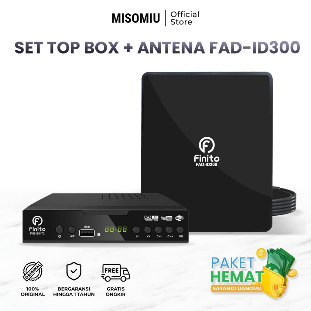 PAKET LENGKAP Set Top Box Finito + Antena Digital Indoor FAD-ID300 GRATIS Kabel Antena 2 Meter