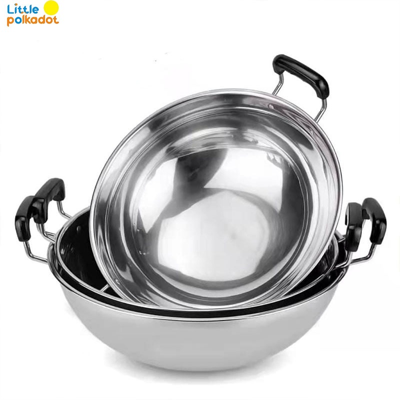 40CM Wajan stainless steel Premium Wajan Penggorengan Kuali Wok Pan Pan Gagang Stainless Steel Wajan