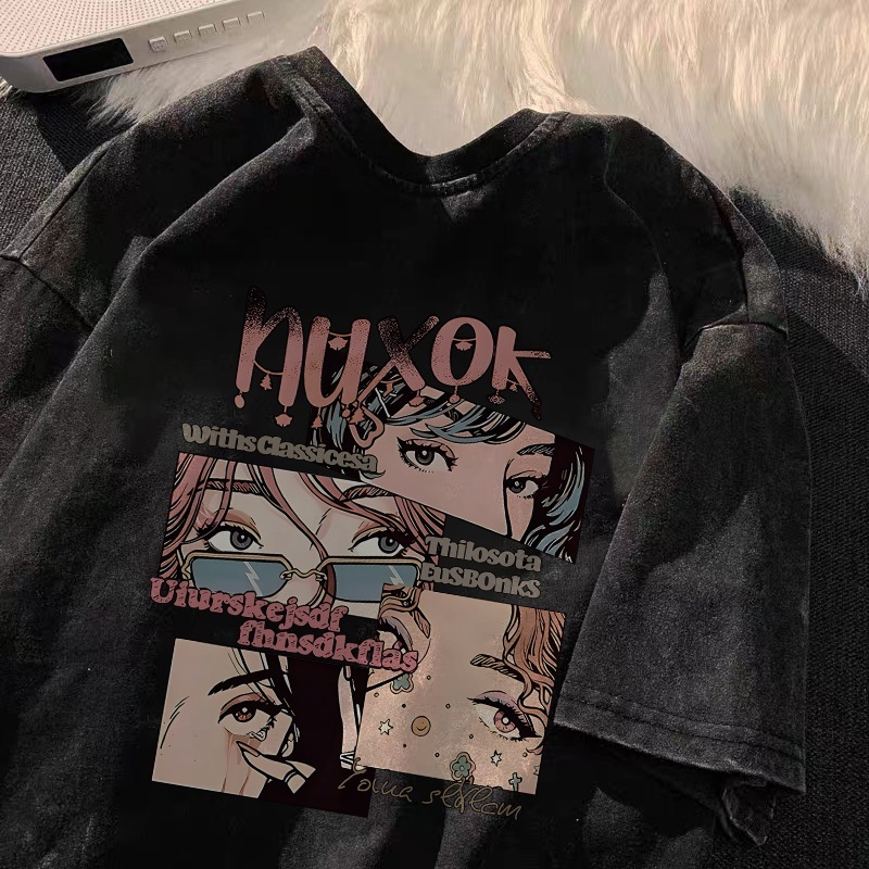 seoul_print Washed Kaos Oversize Lengan Pendek T-Shirt Comics Katun Murni Retro Style Wanita Top