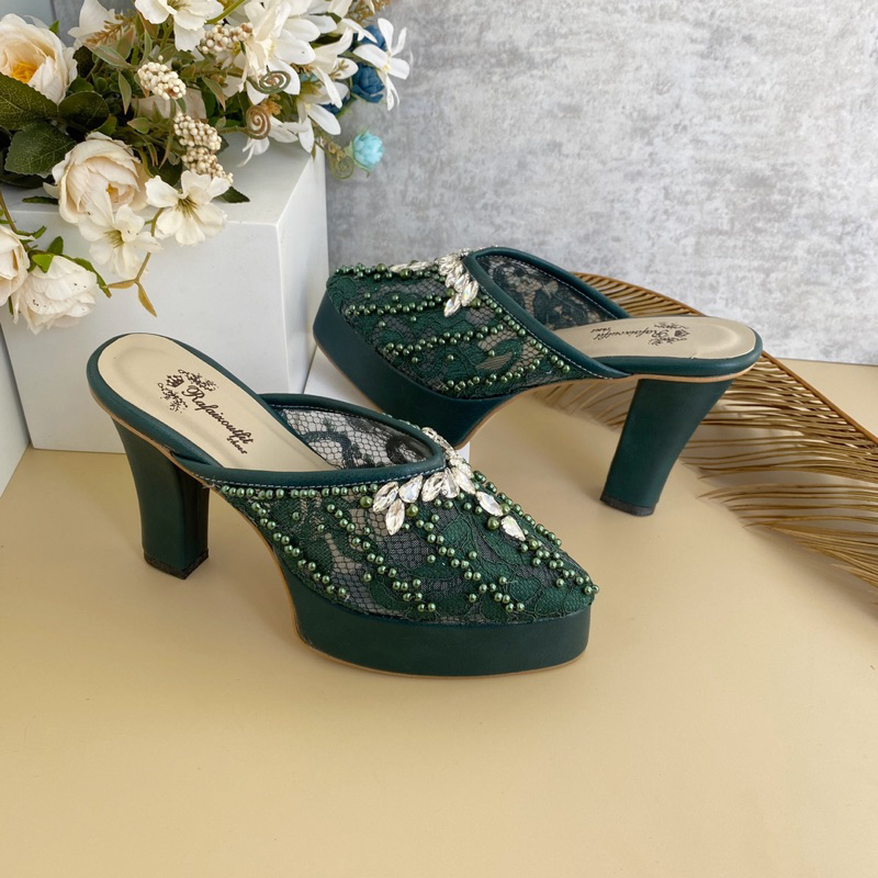 Sepatu wedding pesta wanita cantik ellin hijau botol 10cm