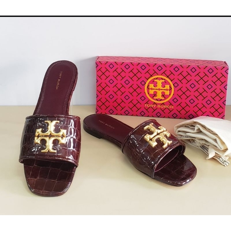 Ready Tb Eleanor Slide, 152702. Croco Embossed Leather, Brown Croco/Dark Carmine ( Retail, Dustbag O