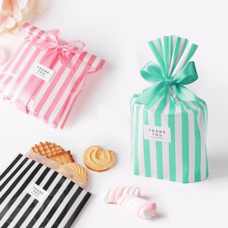 

10pcs Plastik Cookies permen snack plastik souvenir hadiah 14x20 Garis Warna Warni
