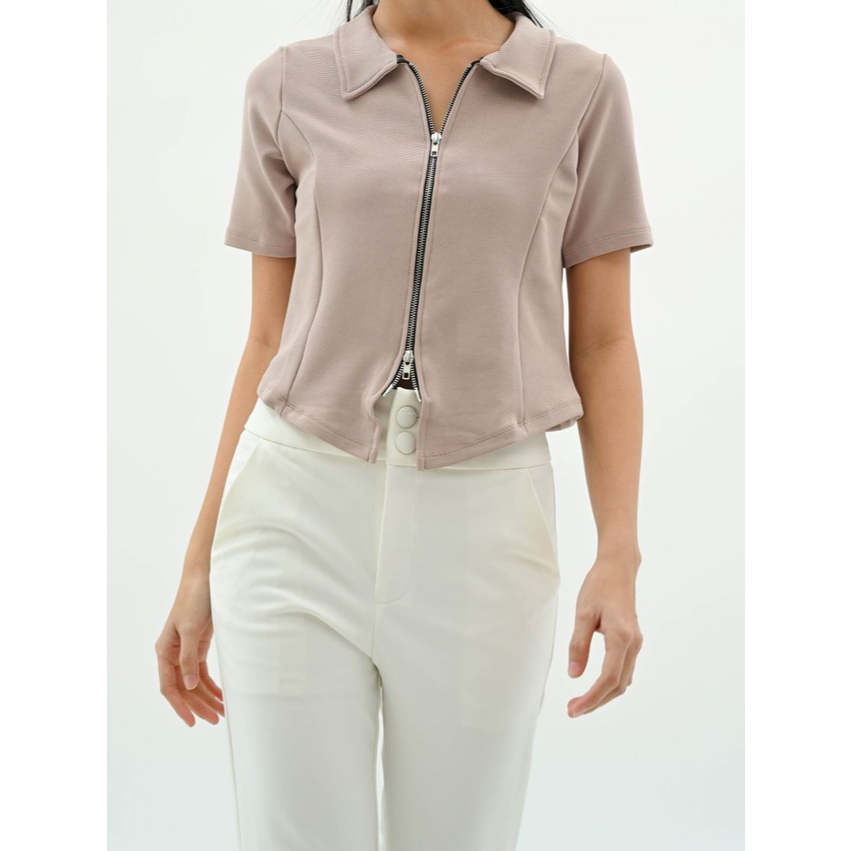 MASCOT Atasan Knitt Outwear Sleting Tangan Pendek (040) Blouse Wanita Kantong Zipper