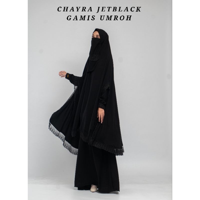 Gamis set syar'i umroh hitam renda khimar handsplit  jetblack ori