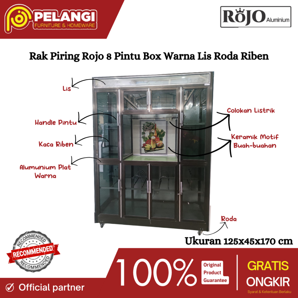 Rak Piring Rojo L120 8 Pintu Box Warna Lis Roda Riben | Rak Piring | Lemari Piring | Rak Piring