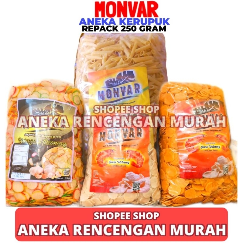 

Kerupuk Monvar Udang Bawang Kentang Repack 250 Gram