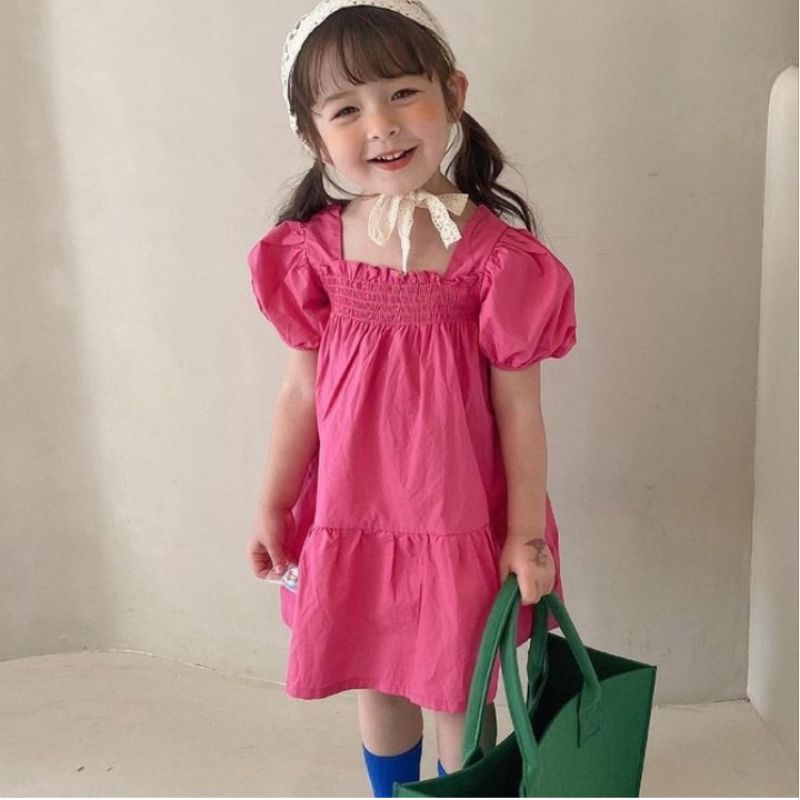 Puffy magenta smocked dress// dress anak import// dress anak korea