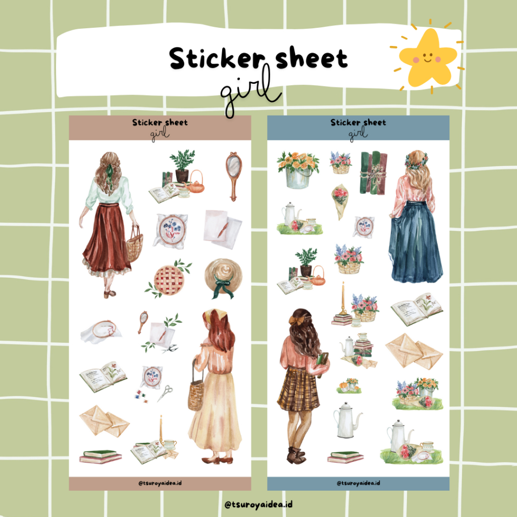 

SS004 - Girl Sticker Sheet, Sticker Journal Lucu Aesthetic