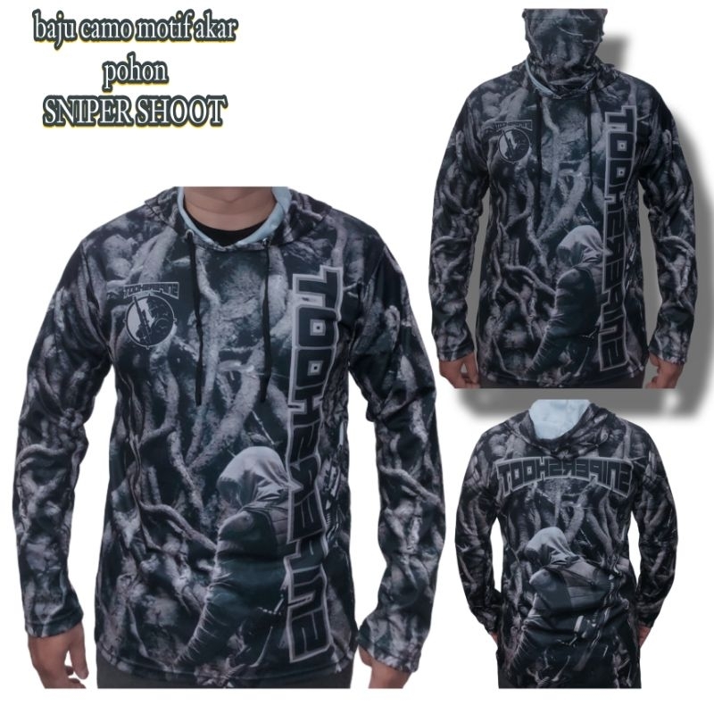 BAJU CAMO 3D MOTIF AKAR POHON BAHAN JERSEY MILANO, BAJU BERBURU CAMO, BAJU OLAH RAGA MENEMBAK